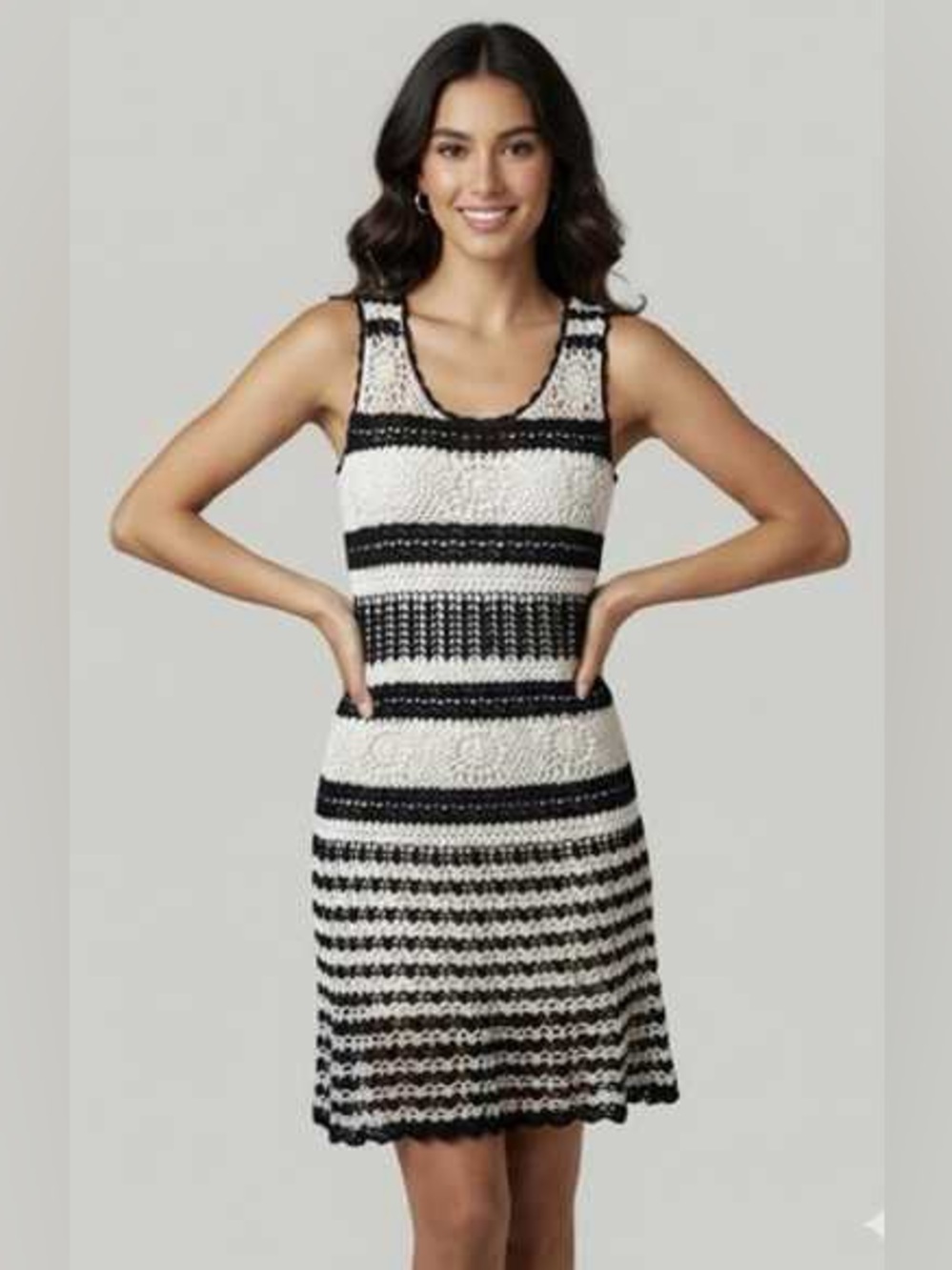 BCBGMAXAZRIA Black and Cream Crochet Knit Midi Dress - Size Medium
